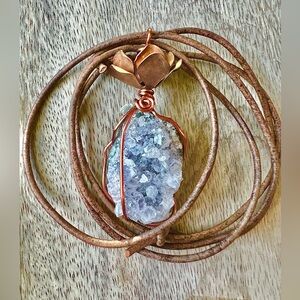 Handmade Raw Amethyst Wire Wrapped Stone Adjustable Leather Cord Necklace